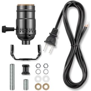Lamp Rewire Kit, 12 Foot Matching Cord, 3 Way Socket and Essential Hardware, Table and Floor Lamps Socket Replacement, Rewire and Repair, DIY Light Making Kit (Black)