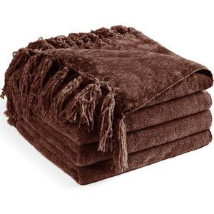 Chenille Throw Blanket for Couch 50"X 60", Soft Cozy Throws with Fringe Tassel for Bed Sofa Chair Cover, Lightweight Knitted Decorative Boho Blankets for Living Room, Dark Brown, 2