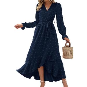 BTFBM Womens Boho Cocktail Maxi Dress Fall Fashion 2025 V Neck Long Sleeve Swiss Dot Flowy Slit Wedding Guest Dresses (Small)