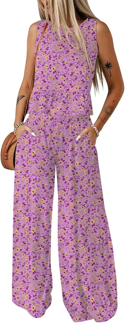 Dokotoo Pants Sets Women 2 Piece Outfits Sleeveless Round Neck Tank Tops Matching Sets for Women Elastic Waist Wide Leg (Purple, L)