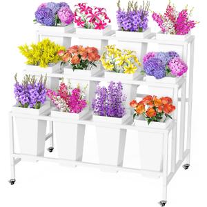 Putros Flower Display Stand with 12 Buckets White 3 Layers Metal Floral Cart with Wheels Moving Florist Bouquet Bar Plant Shelf for Indoor Outdoor Patio Garden Party Decor