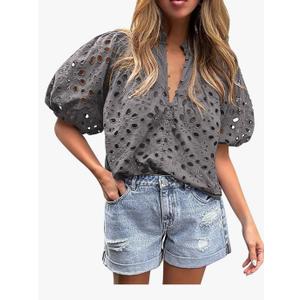 PRETTYGARDEN Women's Summer Tops 2026 Dressy Casual Short Sleeve V Neck Buttons Hollow Eyelet Lace Embroidered Blouses Shirts, XXL