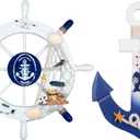 2 Pack 11" Nautical Beach Wooden Ship Wheel and 11" Wooden Anchor with Rope Nautical Boat Steering Wheel Rudder Anchor Wall Art Decor Door Hanging Ornament Beach Theme Home Decoration(White&Blue)