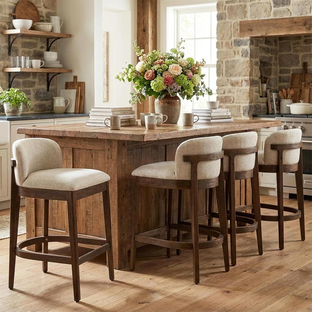 Christopher Knight Home Arden Indoor Wooden Counter Stool Set of 4, Upholstered Seat with Foam Cushion, Kitchen Bar Stools with Rubberwood Frame and Footrest for Dining Island, Beige + Walnut, 21.75 x 19.5 x 33
