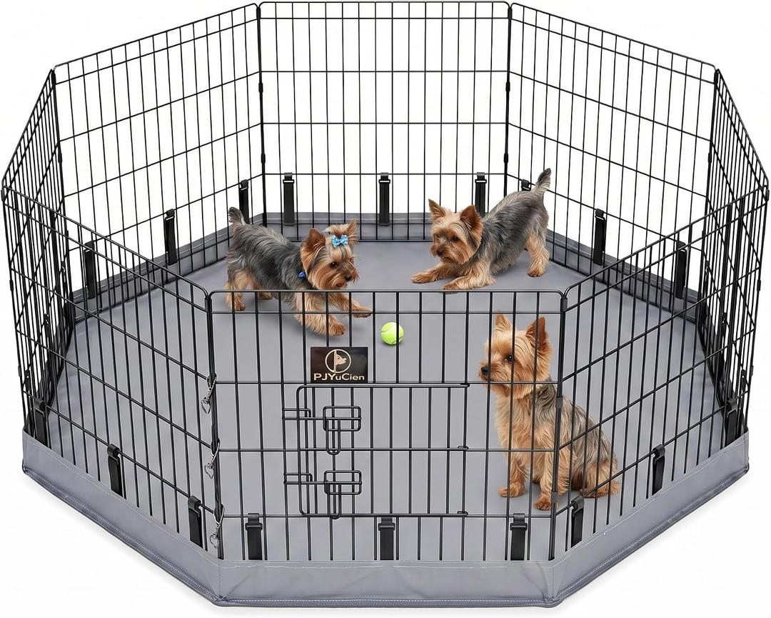 PJYuCien Dog Playpen with Bottom Pad - Metal Foldable Exercise Pen, 8 Panels 24" H x 24" W Indoor Outdoor Pet Fence Puppy Crate Kennel, Gray