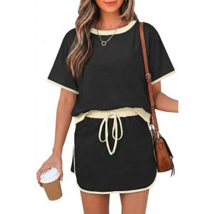 Opemiby Fashion Summer Two Piece Set Crewneck Tshirt and Short Sets Minimalist Design No Pockets Cruise Outfit for Going Out Polished Brunch Coffee Beach Vacation Travel Airport Black M