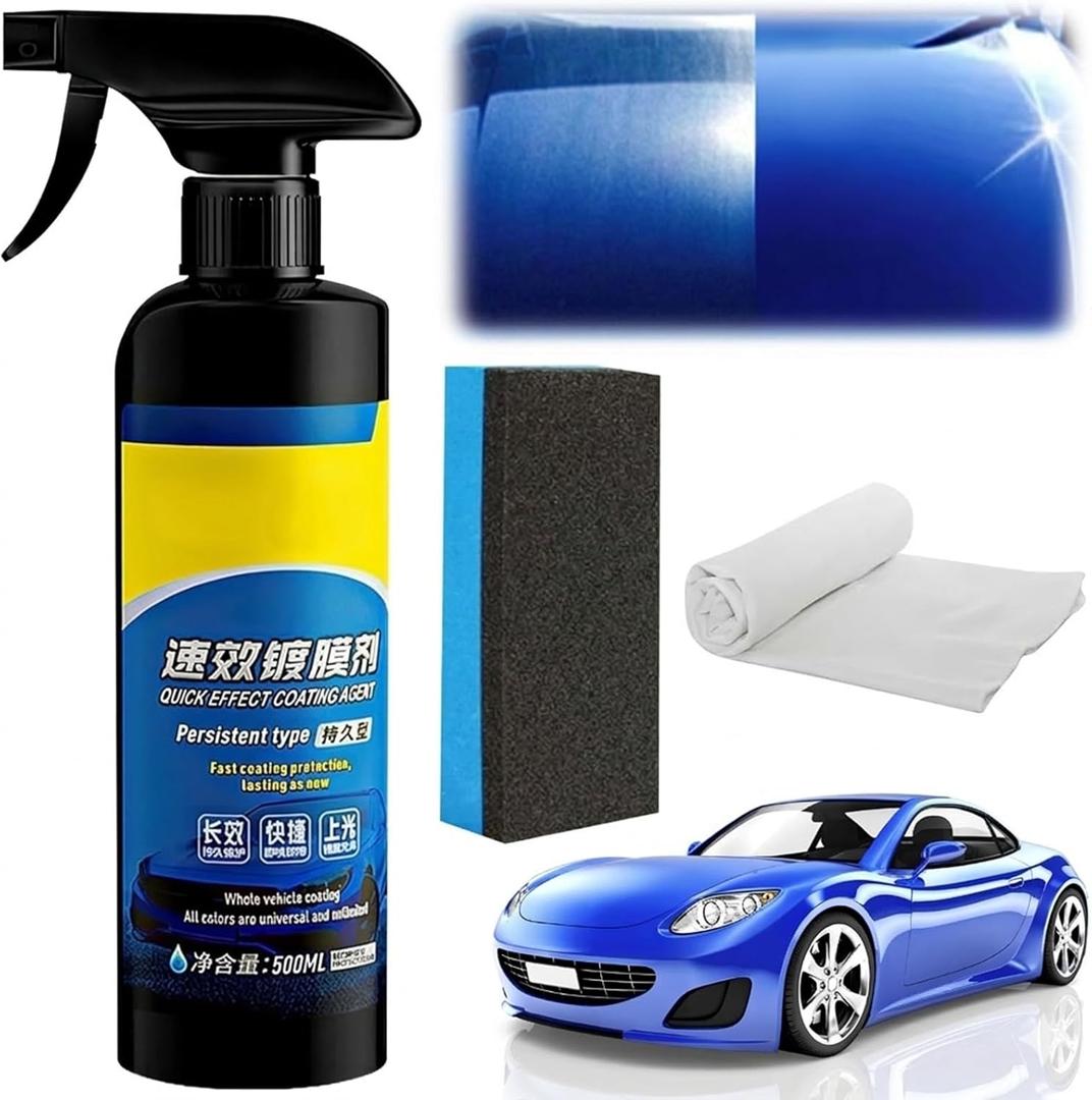 Car Coating Spray, 17.6 oz Quick Effect Coating Agent, Oil Film Emulsion Glass Cleaner, Polish Spray Waterless Wash Wax, Spray Wax Polish for Car Scratches(1PC+Sponge+Cloth)