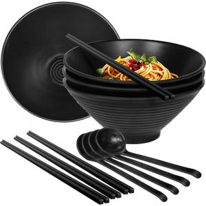 Set of 4 Ramen Bowl Set, Melamine Large Japanese Style Noodle Soup Bowls Set with Spoons and Chopsticks for Ramen, Pho, Noodles, Asian Dishes Black,Large Bowl for Adults| Dishwasher Safe (Black 8.7in)