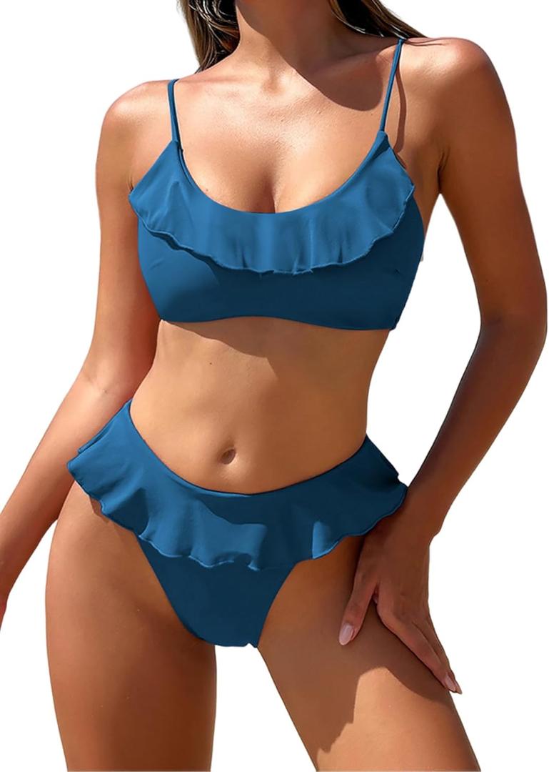 ZAFUL Ruffle Bikinis for Women Scoop Neck Swimsuits Lace Up Bikini Sets Padded Swimwear High Cut 2 Piece Bathing Suits (Large, Solid:peacock Blue)