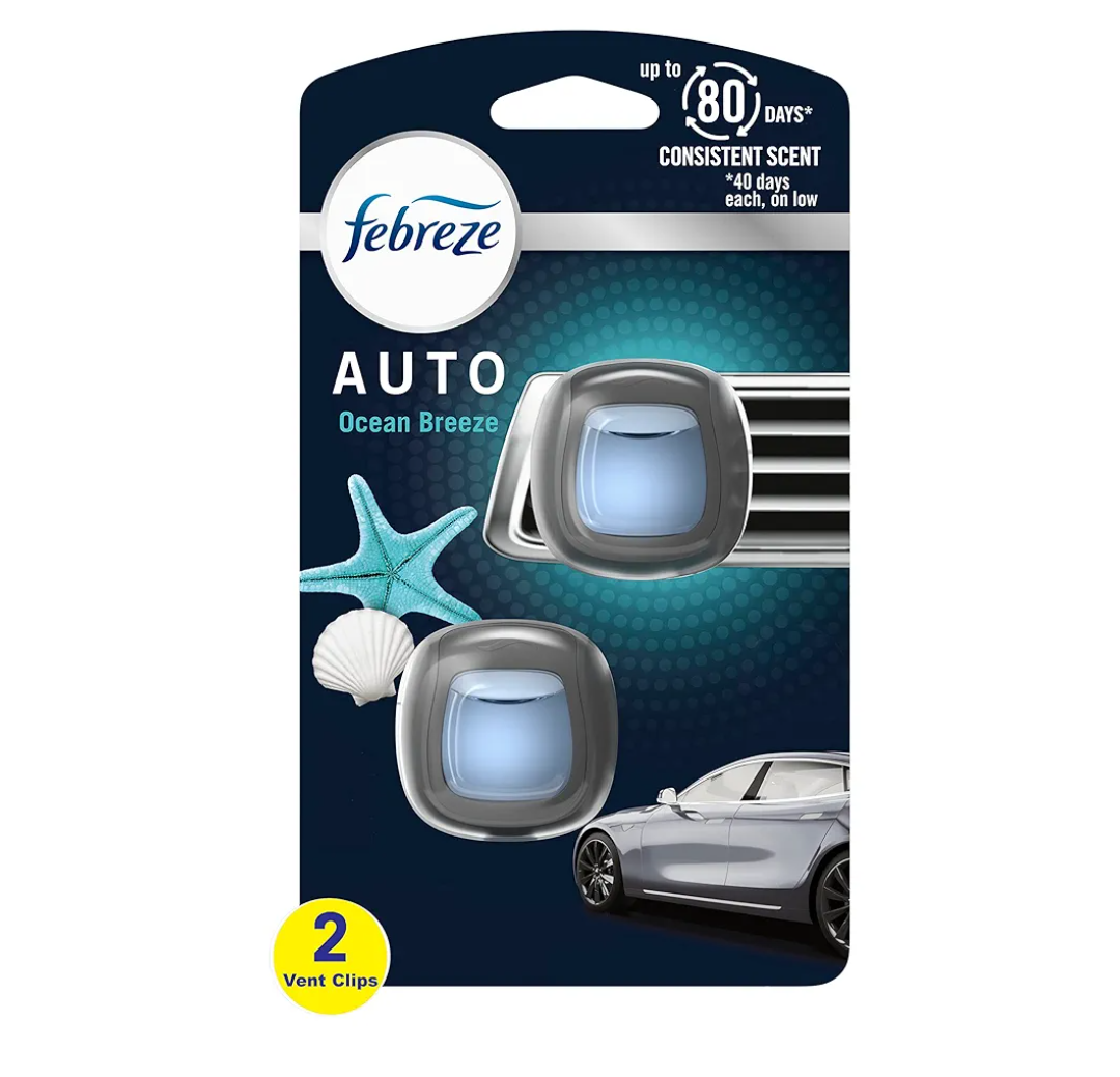 Febreze AUTO Air Freshener Vent Clip Ocean Breeze Scent, 2.2 mL Car Vent Clip, Pack of 2