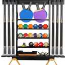 Large Pool Stick Holder Wall Mount, Billiards Pool Cue Rack Ping Pong Paddle Holder, Dart Holder 3-IN-1, Wood Pool Cue Holder Pool Table Accessories Equipment Organizer for Game Room Men Cave- Black