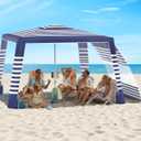 Rhino Valley Beach Cabana, 8 * 8FT Beach Tent UPF50+ Protection, Easy Setup Beach Canopy Wind Resistant with Cup Holder, Compact Beach Shade Foldable Beach Tent Sun Shelter, Blue Stripes