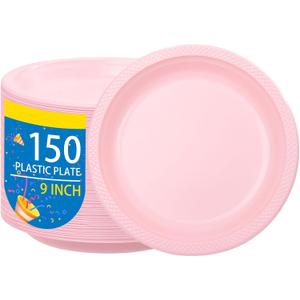 WELLIFE Pink Plastic Plates 9 Inch -150 Count for Party, Disposable Plastic Party Plates for Easter Mother's Day Baby Shower Dinner Dessert Cake Light Pink