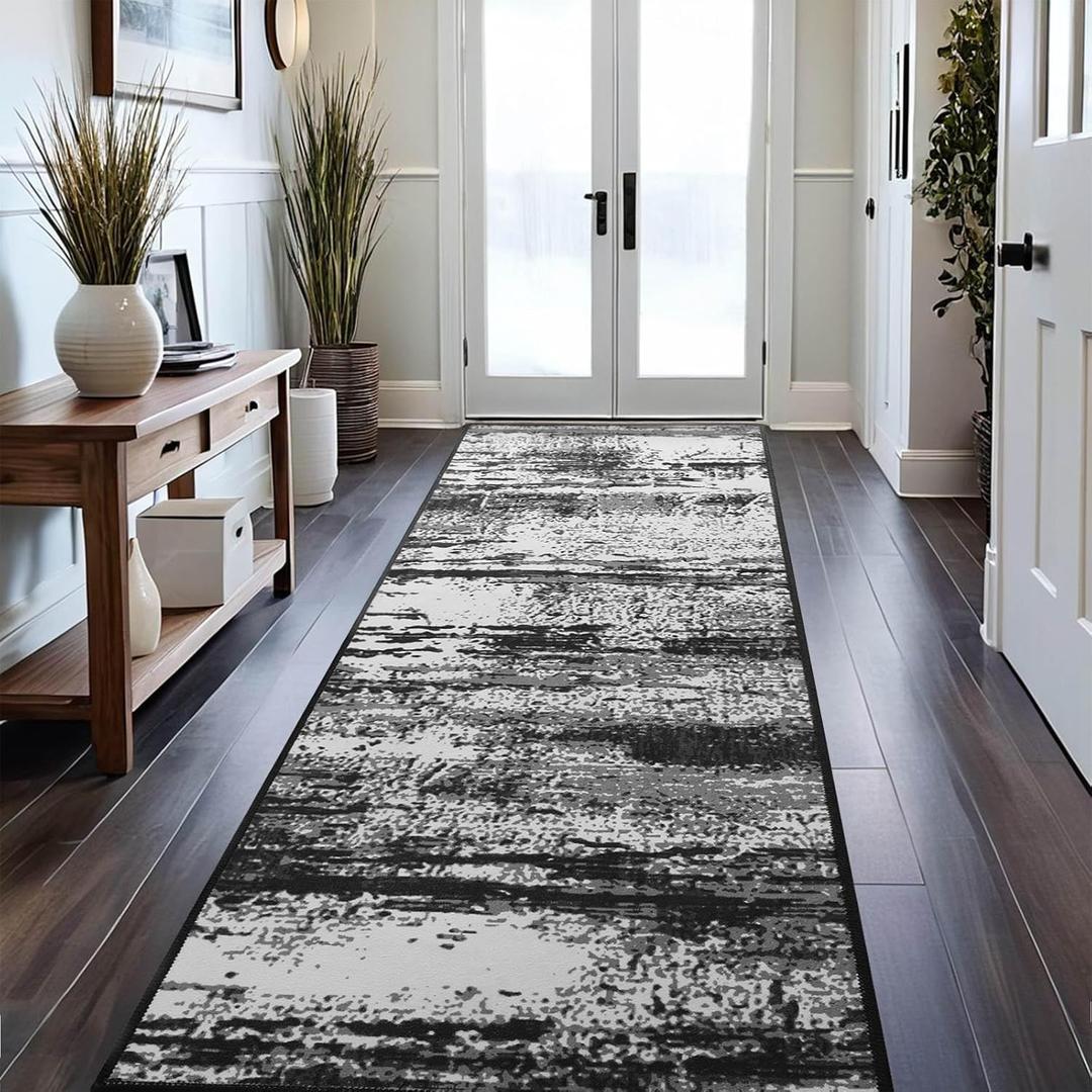 Runner Rug 2x6 Washable Rug Runners for Hallways Kitchen Non-Slip Rugs Abstract Print Soft Faux Wool Carpet Runner for Entryway Indoor, Bedroom Bedside, Laundry, Dorm, Home Decor (Black and Grey)
