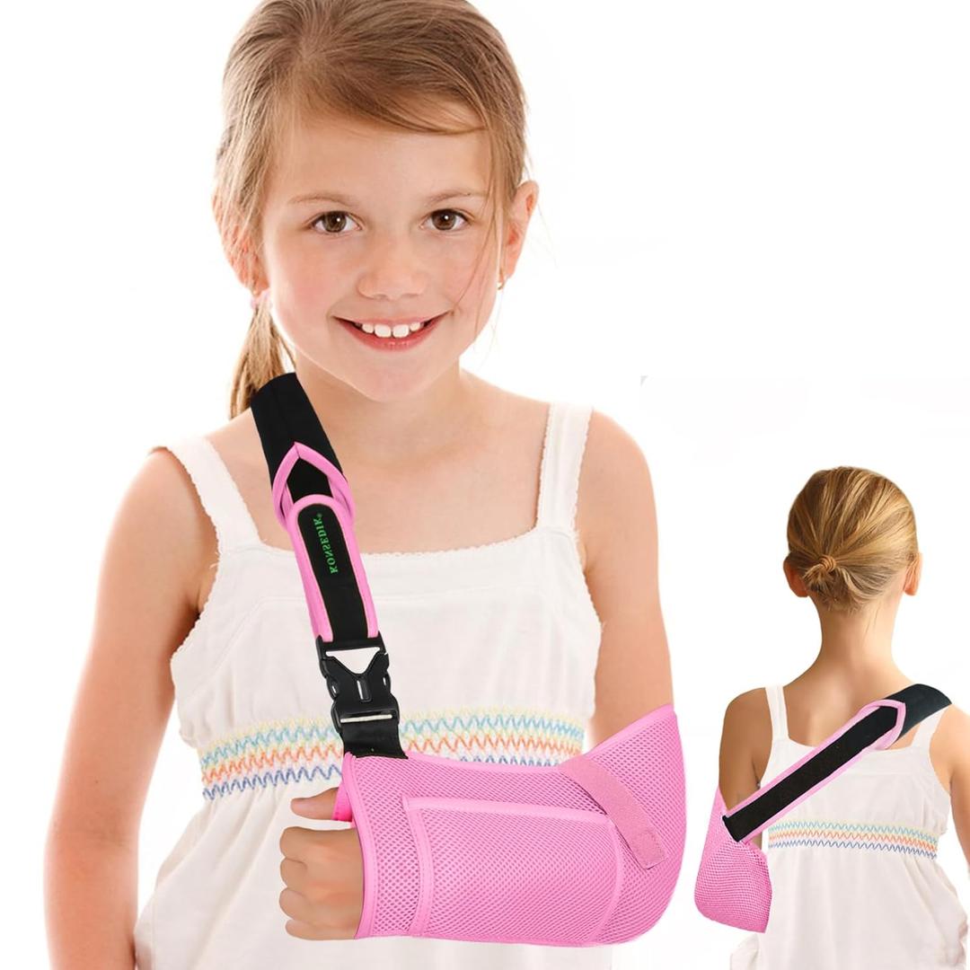 KONSEDIK Arm Sling for Kids - Adjustable Breathable Shoulder Immobilizer with Pockets,Supports Rotator Cuff Injury,Wrist,Elbow,Clavicle Fracture Recovery,Post-Surgery Sling for Left or Right Arm(Pink,X-Small)