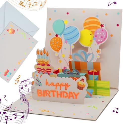Pack of 2, 3D Popup Happy Birthday Cards - Musical Light Up Greeting Card - Balloons Gifts Cake Party - Includes Blank Card, White Mailing Envelope - Plays Happy Birthday Song - Kids Adults