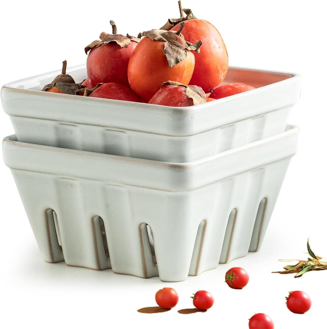 Gomakren Fruit Basket for Kitchen, Fruit Bowl with Holes, Ceramic Berry Basket Set of 2, 5.7 Inch Square Berry Containers Colander - Farmhouse Kitchen Decor, White
