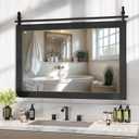 Hasipu Farmhouse Bathroom Mirror, 48"x32" Rustic Wood Framed Wall Mounted Mirror, Black Vintage Vanity Mirror Barn Door Style Decorative Mirrors