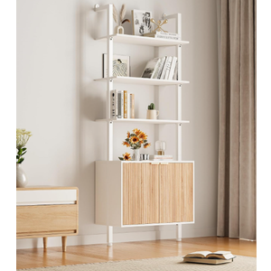 INNOD 74" Tall Bookshelf with Storage Cabinet, Modern Ladder Shelf with Wood and Metal Frame, Wall Mount Bookcase Open Display Shelf Furniture for Living Room, Bedroom, Home Office, White