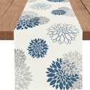 Blue Gray Table Runner Dahlia Pinnata Flower Beige Table Runners Modern Elegant Pompon Farmhouse Geometric Table Center Decor for Home Dining Party Entrance (13x72 Inch)