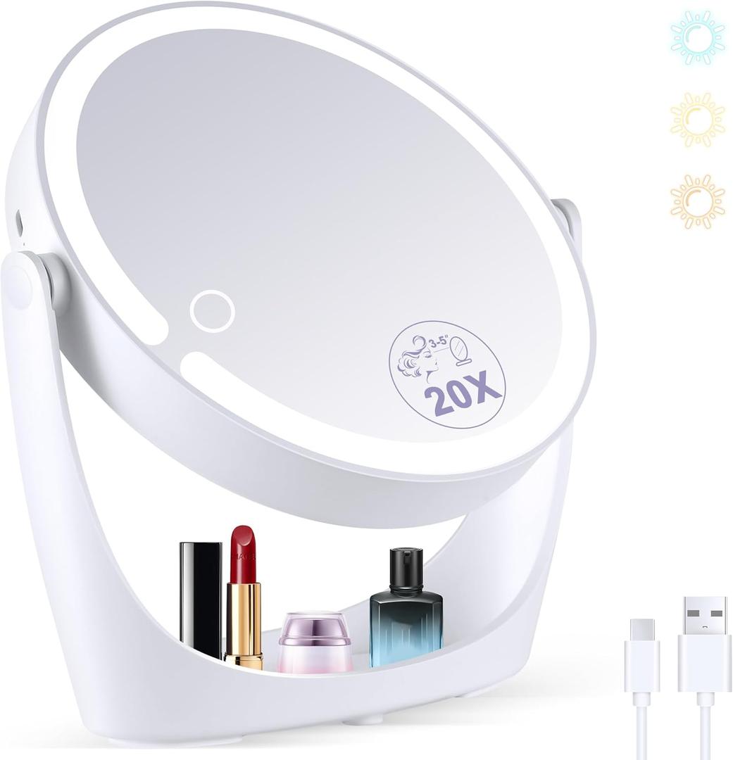 20X/1X Magnifying Mirror with Light, Makeup Mirror with Lights, Double Sided Magnifying Mirror with Magnification, Portable Lighted Desk Mirror with Storage, 3 Color Lights, 360Rotation