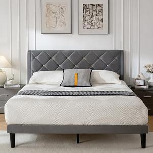 DUMGTIF Queen Size Platform Bed Frame with Velvet Upholstered Headboard and Sturdy Wooden Slats Support,Mattress Foundation，Easy Assembly, No Box Spring Needed,Slip Resistant (Grey, Queen)