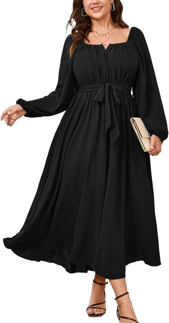 SCOMCHIC Women Plus Size Maxi Dress Long Sleeve Square Neck Wedding Guest Cocktail Belted Elegant Flowy A Line Long Dresses 2XL