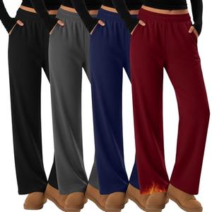 Velvelhall 4 Pack Womens Fleece Lined Sweatpants Thermal Straight Leg Baggy Pants Wide Leg Warm Lounge Joggers with Pockets(Black, Dark Gray, Navy Blue, Wine Red,Large)Size Large
