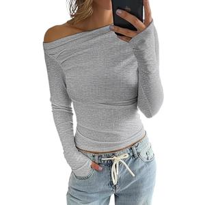 Womens Classy Tops Off Shoulder Long Sleeve T Shirt Ruched Casual Slim Fit Going Out Blouse (Gray)