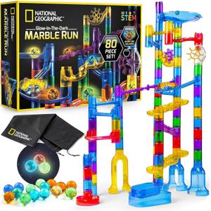NATIONAL GEOGRAPHIC Glowing Marble Run Construction Set with 15 Glow in The Dark Glass Marbles & Storage Bag, STEM Gifts for Boys and Girls, Building Project Toy