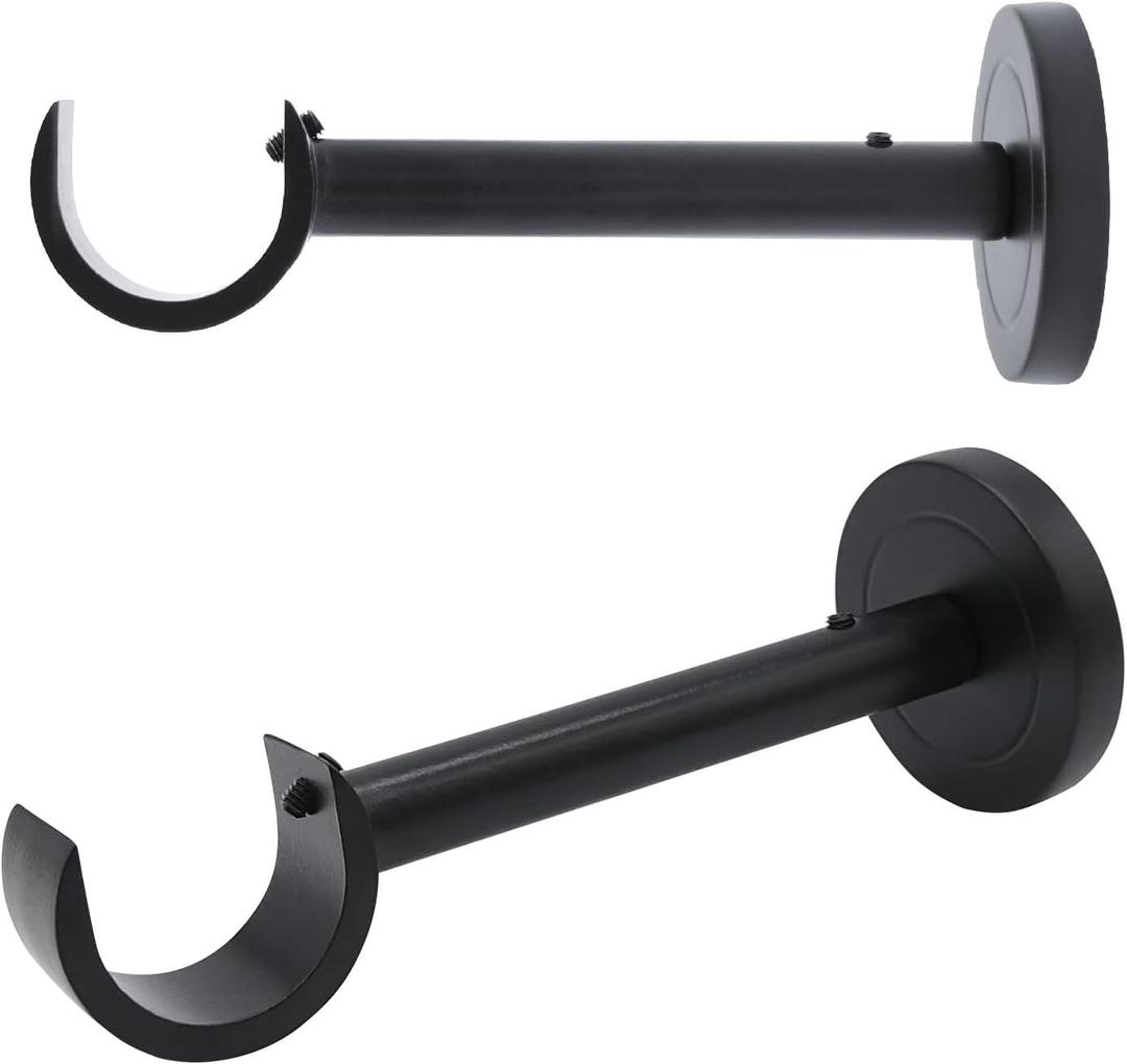 Curtain Rod Brackets for Wall  Black 1 Inch Curtain Rod Holders, Extended 5 Inch Projection, Wall Mount with Hardware, Set of 2 (Black - Set of 2)