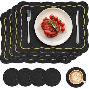 Set of 4 Black Vinyl Placemats with Coasters 16.5 Inch Black Scalloped Vinyl Placemats Waterproof Faux Leather Place Mats Wipeable Heat Resistant for Kitchen Dining Table Decor