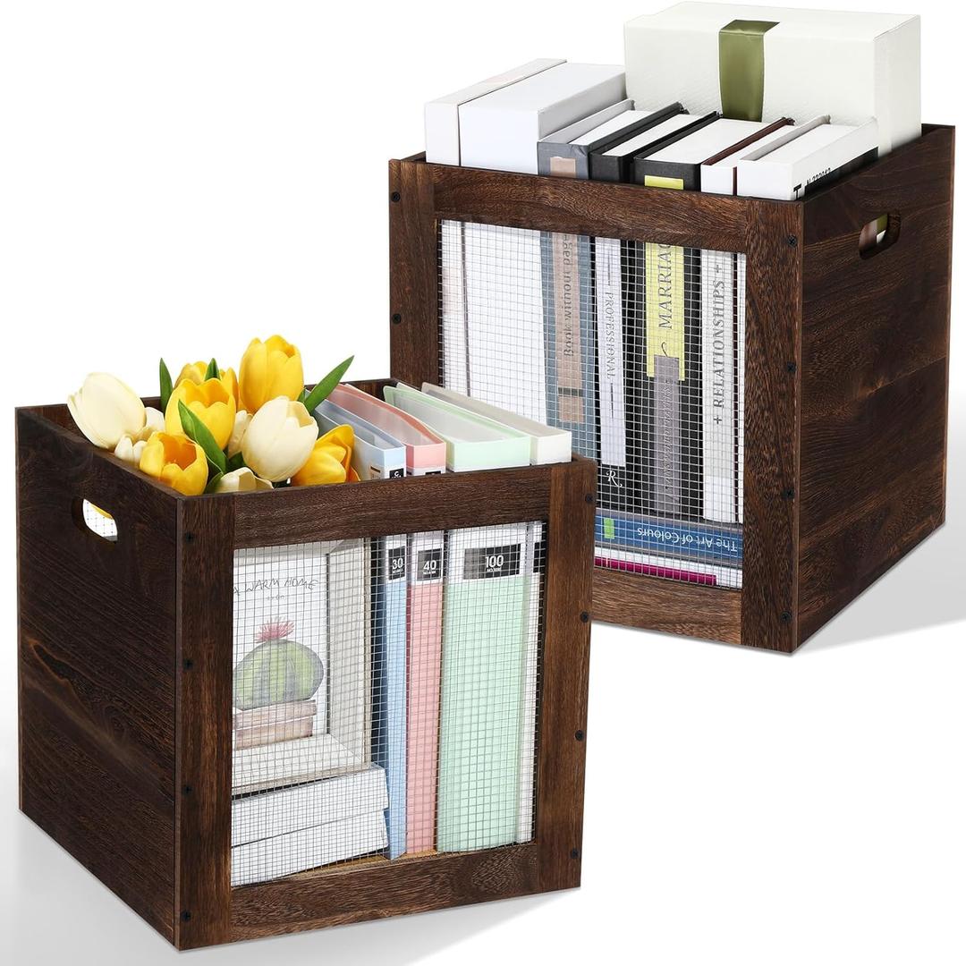 2 Pack Stackable Wood Storage Bins with Metal Wire and Handles 13 x 13 x 13 Inch, 36l Cube Vinyl Record Holder Wooden Storage Crate Basket for Shelve Fruit Vegetable Pantry Toy(Walnut)