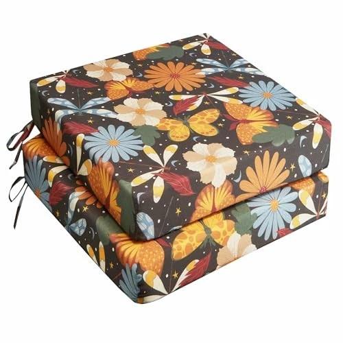 UNIKOME Outdoor Chair Cushions Pack of 2, Water Resistant Patio Cushions with Ties, High Density Sponge Filling Square Corner Seat Cushions for Outdoor Furniture, 24"*24"*4", Flower