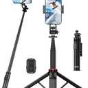 51" Cell Phone Selfie Stick Tripod, with Wireless Remote, Portable, Retractable, Aluminum Alloy, for iPhone, Samsung and Other Smartphones (Black)