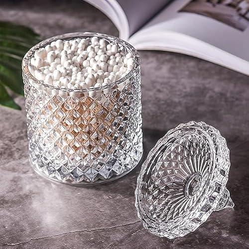 Qtip holder for bathroom,Cotton swab holder,Floss-Small Clear Glass Canister Apothecary Jar,Qtips dispenser,pad container Round Pads tips swabs ball,Qttip Jar,Qt tip holde,candy 2 pack