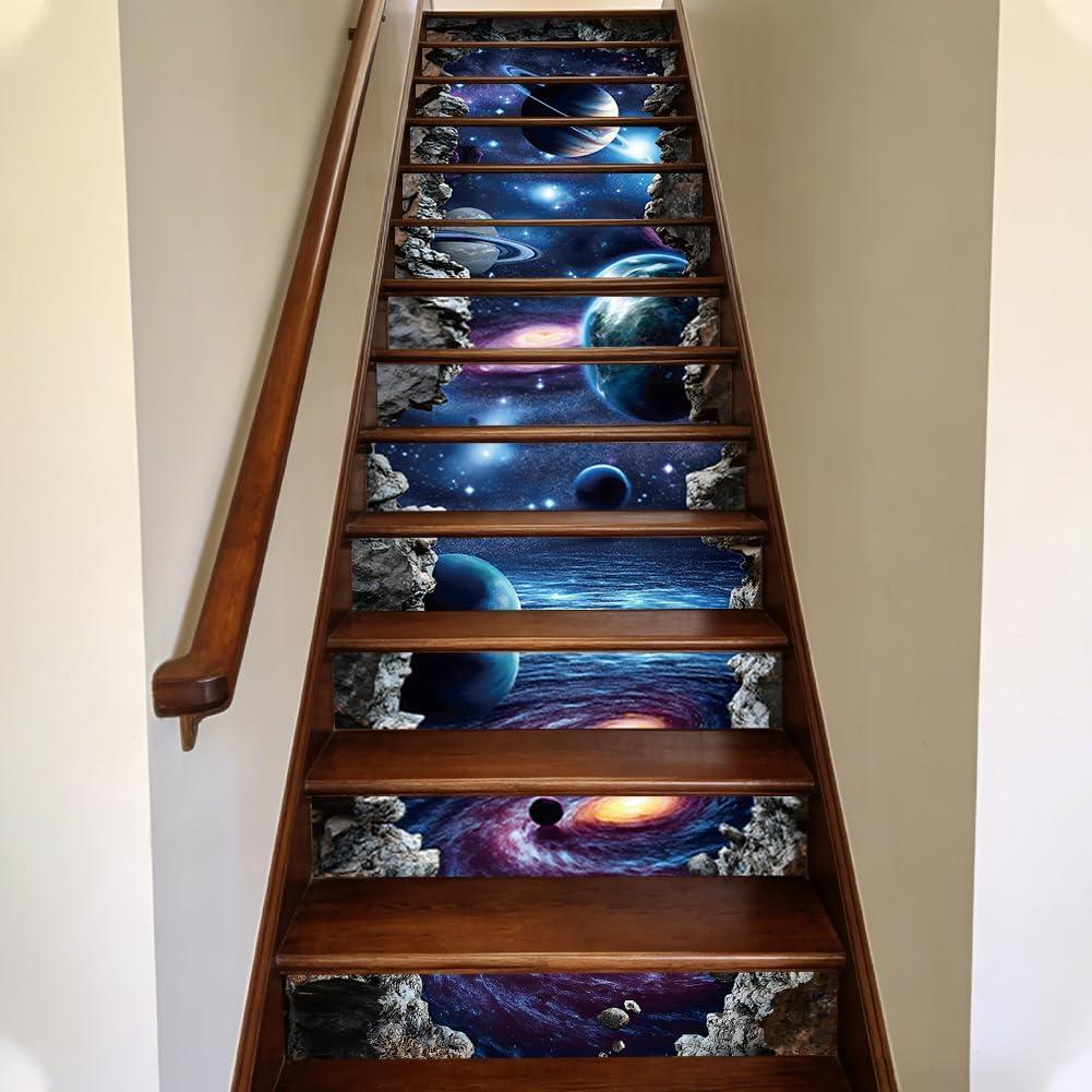 15Pcs Staircase Stickers Galaxy Space Planet Tile Stickers Beauiful Universe Self-Adhesive Water Proof Staircase Decor for Steps Garden Coffee Pubs 39.3" W x 7.08" H