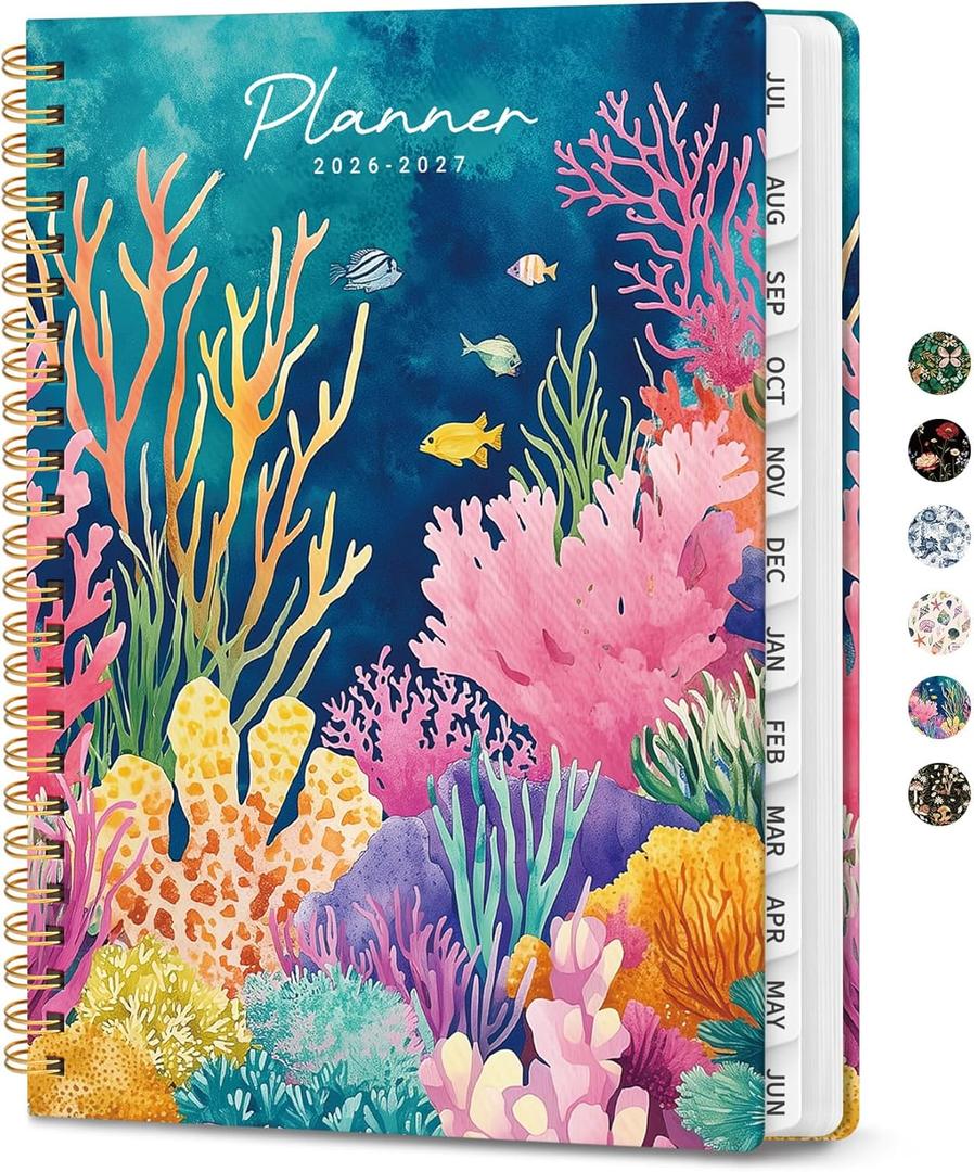 Academic Planner 2026-2027, Monthly and Weekly Calendar Planner, July 2026 - June 2027, Pretty Hardcover Teacher Student Planning Agenda Book with Tabs, Fit for School Office Supplies, 8.5" x 11", Coral Garden