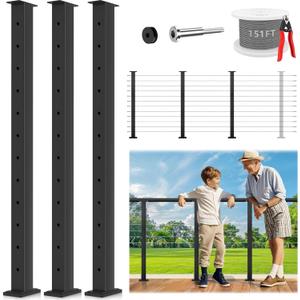 42" One-Stop Cable Railing Post Kits, 3 Pack Fixed Top Level Drilled Line Post, Cable Railing System Including 3 Railing Post, 151ft Cable, 24 Terminal, 72 Cable Grommets (No Handrail)