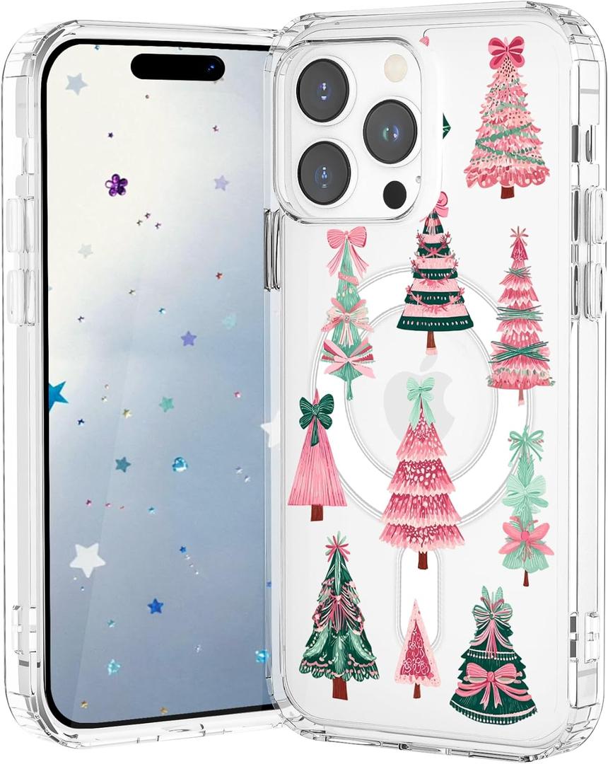 Christmas Case for iPhone 16 Pro Max,Pink Boho Xmas Tree Clear Magnetic Case,Compatible with MagSafe,Soft TPU Bumper Shockproof Protective Cover with Built-in Magnet Ring for Women