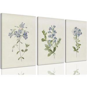 PhexlyArt 3 Piece Vintage Blue Flowers Canvas Wall Art Botanical Floral Art Minimalist Flower Pictures Wall Decor Rustic Farmhouse Botanical Art Prints for Living Room Bedroom Bathroom 12"x16"