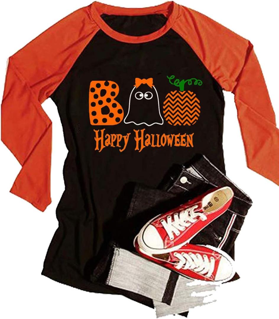 Happy Halloween Ghost Souls Funny Tshirt for Women Long Sleeve Tops Cute Color Block Casual Shirt (Medium, Black)