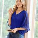 Uhiger 3/4 Length Sleeve Womens Tops V Neck Chiffon Blouse Dressy Casual Double Layered for Weekend Outings and Everyday Wear (X-Large, Royal Blue)