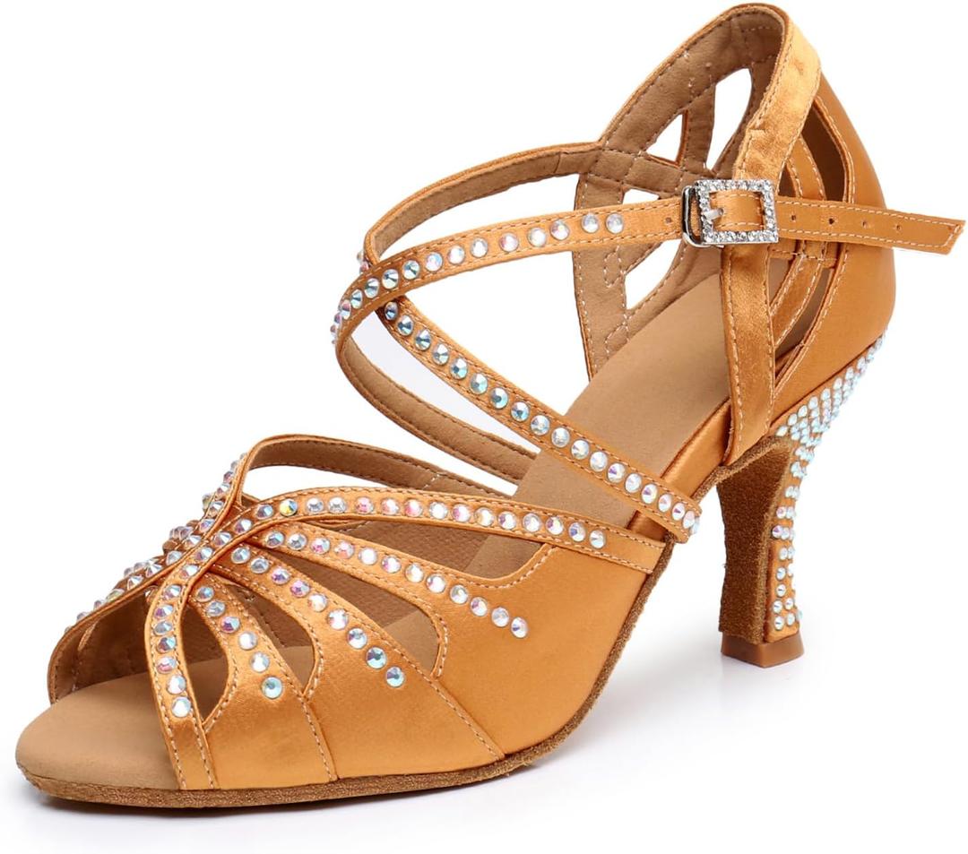 Ballroom Dance Shoes for Women Salsa Latin Dancing Shoes, Professional 3 Inch Ladies Satin Rhinestone Dance Heels, 3Mid Heel Suede Sole