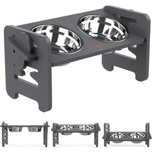 Vantic Elevated Dog Bowls, Adjustable Raised Dog Bowl Stand for Small Puppy and Cats, Sturdy Bamboo Pet Food Feeder with 2 Stainless Steel Dishes, Gray (for Small Dogs and Cats, Grey)