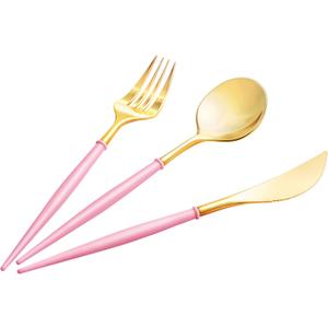 Lullaby 90PCS Gold Plastic Silverware, Gold Disposable Cutlery with Pink Handle Include 30 Forks, 30 Spoons, 30 Knives, Elegant Disposable Silverware for Wedding, Party and Mother's Day