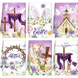 Breling Set of 6 Happy Easter Kitchen Towels Religious Dish Towel Bathroom Decorative Christian Lily Cross Thorny Cloths Easter Decorations for Home Decorations Spring Gift, 14 x 21 Inch (Purple)