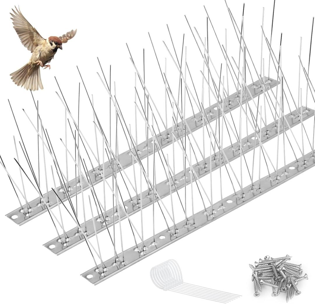 Bird Spikes Outdoor Use Bird Deterrent Spikes with Stainless Steel Base for Small Bird Pigeons Crows and Woodpeckers Fence Roof and Wall (3ft /3 Strips)