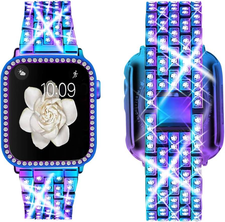 Supoix Compatible with Apple Watch Band 38/40/41/42/44/45/46/49mm+ Case, Women Jewelry Bling Diamond Rhinestone Replacement Metal Bands & 2 Pack PC Protector Case for iWatch Ultra 3/2/1 Series 11/10/9/8/7/6/5/4/3/2/1/SE (Colorful)