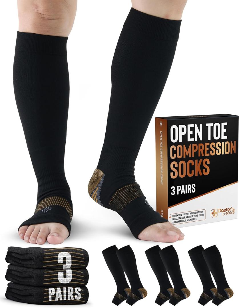 Doctor's Select 3 Pairs Copper Toeless Compression Socks for Men - 20-30 mmHg Compression Socks Men Open Toe, Toeless Socks, Black with Copper (Large-X-Large)